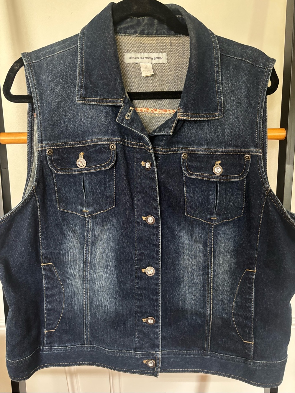 Chicos Dark Platinum Denim Sleeveless Vest Bling Buttons size 3